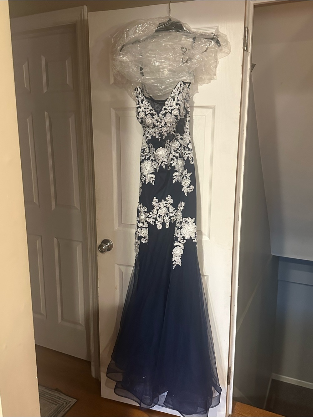 Blondie Nites Navy Blue Prom Gown with White Lace Appliqué